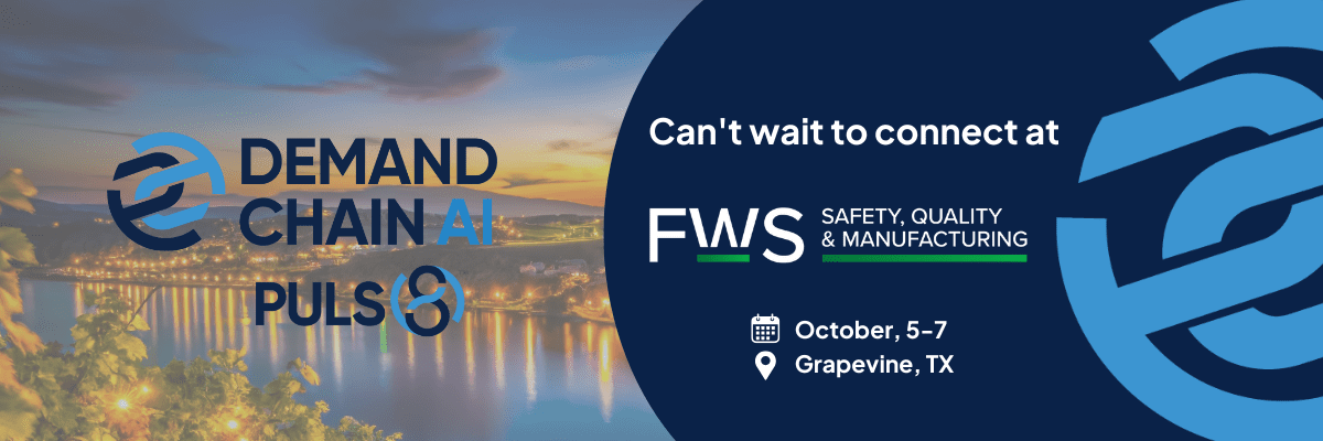 Demand Chain AI and PULSE 8 banner with FWS 2026 details, “Can’t wait to connect at,” plus October 5–7 and Grapevine, TX.