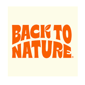 Orange Back to Nature logo text on a light cream background with bold, playful block lettering and strong vintage-style typography, trademark wordmark.