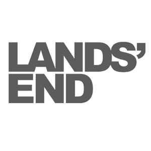 Gray Land’s End logo text with bold uppercase lettering and apostrophe mark on a clean white background, crisp and high-contrast brand design typography.