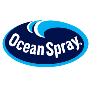 Ocean Spray Cranberries logo in bold blue and navy, with the oval icon and white Ocean Spray lettering for a clean brand mark.