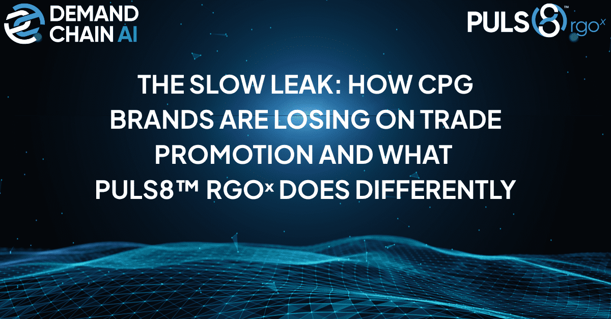 THE SLOW LEAK: How CPG brands are losing on trade promotion and what Puls8™ RGOˣ does differently, with dark blue wave and grid graphics.