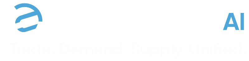 Demand Chain AI logo with a teal-blue swirl icon and bold white lettering, plus the tagline “Trade. Demand. Supply. Unified.”